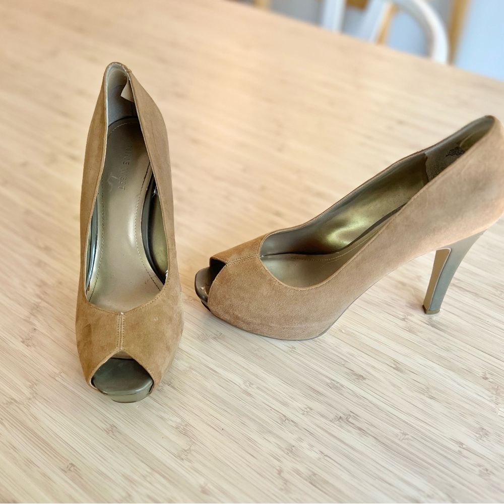 Brown suede open toed heels